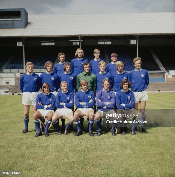 Leicester City football team at Filbert Street ground, Leicester, UK, 1971; Bobby Kellard, Rodney Fern, Paul Matthews, Willie Carlin, John Sjoberg,...