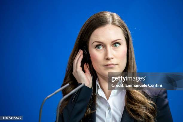 New Finnish Prime Minister Sanna Marin is pictured during a press conference with German Chancellor Angela Merkel at the Chancellery on February 19,...