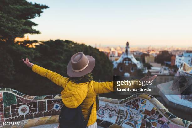 solo traveler enjoying barcelona - winter barcelona stock pictures, royalty-free photos & images