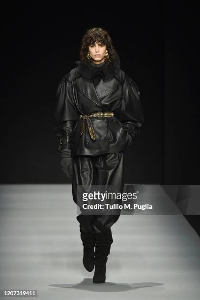 Mica Arganaraz walks the runway during the Alberta Ferretti fashion show as part of Milan Fashion Week Fall/Winter 2020-2021 on February 19, 2020 in...