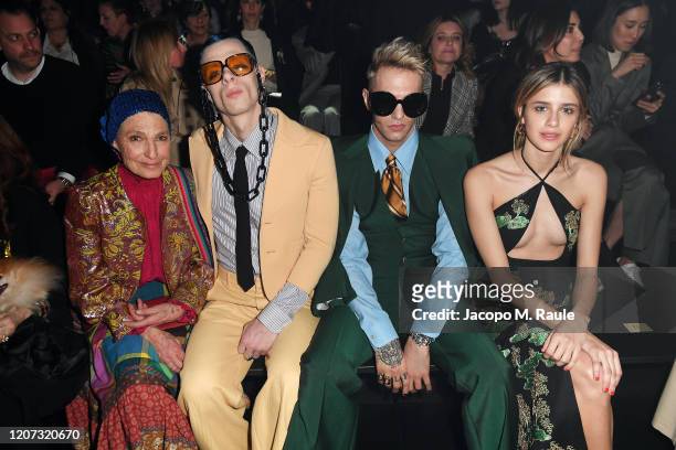 Benedetta Barzini, Boss Doms, Achille Lauro and Benedetta Porcaroli are seen on Gucci Front Row during Milan Fashion Week Fall/Winter 2020/21 on...