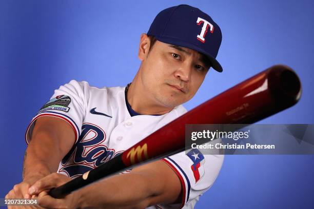 Shin-Soo Choo of the Texas Rangers poses for a portrait during MLB media day on February 19, 2020 in Surprise, Arizona.