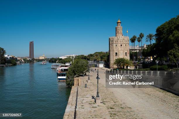 torre del oro and the river guadalquivir. - torre del oro stock pictures, royalty-free photos & images