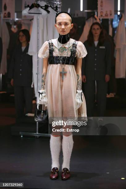 February 19th: A model walks the runway during the Gucci fashion show as part of Milan Fashion Week Fall/Winter 2020-2021 on February 19, 2020 in...