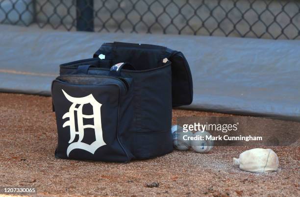 Detroit Tigers equipment bag sits on the field prior to the Spring Training game against the Toronto Blue Jays at Publix Field at Joker Marchant...