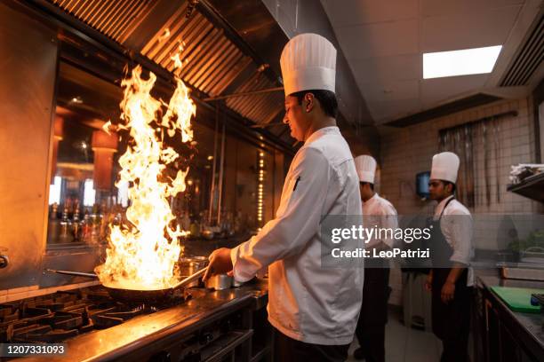 chefs cooking in a professional kitchen of a gourmet restaurant - dining experience stock pictures, royalty-free photos & images