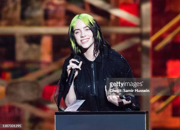 Billie Eilish performs during The BRIT Awards 2020 at The O2 Arena on February 18, 2020 in London, England.