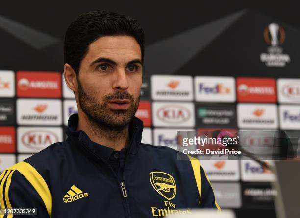 Mikel Arteta the Arsenal Head Coach during the Arsenal Europa League Press Conference at the Four Seasons Astir Palace Hotel on February 19, 2020 in...