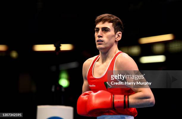 London , United Kingdom - 16 March 2020; Aidan Walsh of Ireland during his Men's Welterweight 69KG Preliminary round bout against Pavel Kamanin of...