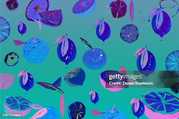 fruity composition with monochromatic blue shades - lime background stock illustrations