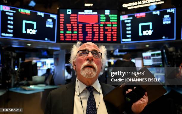 Traders work during the opening bell at the New York Stock Exchange on March 16, 2020 at Wall Street in New York City. - Trading on Wall Street was...