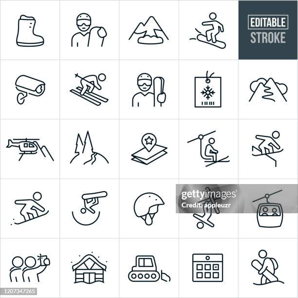 illustrazioni stock, clip art, cartoni animati e icone di tendenza di icone della linea sottile per lo sci sulla neve - tratto modificabile - tavola da snowboard