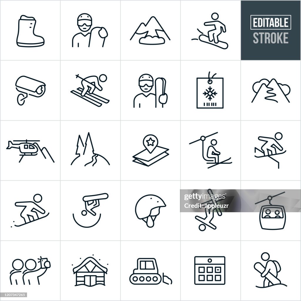 Snow Skiing Thin Line Icons - Editable Stroke