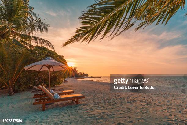 beautiful tropical sunset scenery, two sun beds, loungers, umbrella under palm tree. white sand, sea view with horizon, colorful twilight sky, calmness and relaxation. inspirational beach resort hotel - strand stock-fotos und bilder