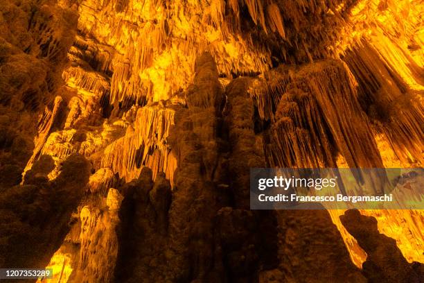 limestone concretions(stalactites and stalagmites) illuminated by artificial lights. - grotta foto e immagini stock