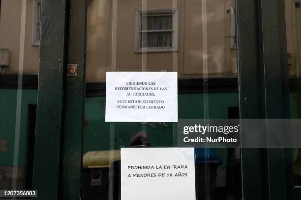 Signs on the doors of bars and restaurants in Santander, closed to the State of Alarm, imposed on the community due to the Coronavirus health crisis...