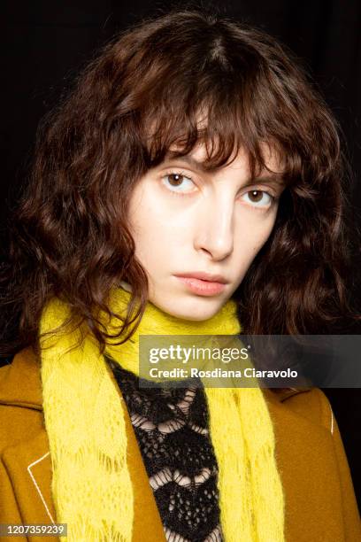 Model is seen backstage at the Marco Rambaldi fashion show on February 19, 2020 in Milan, Italy.