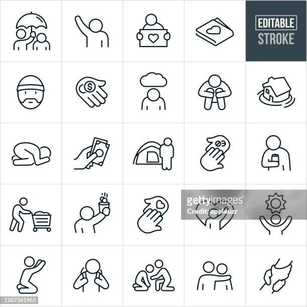ilustrações de stock, clip art, desenhos animados e ícones de homeless thin line icons - editable stroke - homeless person