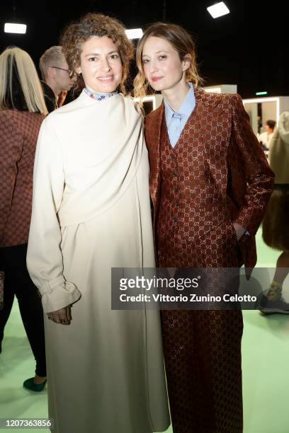 Ginevra Elkann and Alba Rohrwacher are seen backstage at the Gucci Backstage during Milan Fashion Week Fall/Winter 2020/21 on February 19, 2020 in...