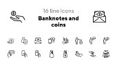 Banknotes and coins line icon set