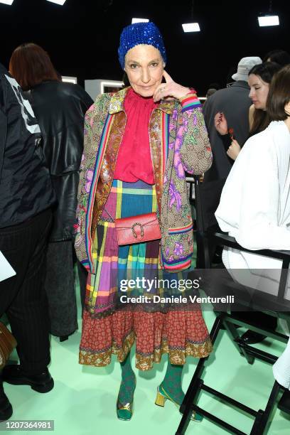 Benedetta Barzini is seen backstage at the Gucci Backstage during Milan Fashion Week Fall/Winter 2020/21 on February 19, 2020 in Milan, Italy.