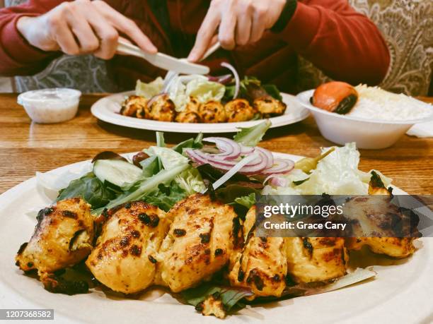 close-up of chicken kabob platter - iranian kebab stock pictures, royalty-free photos & images