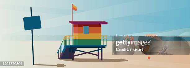 stockillustraties, clipart, cartoons en iconen met historisch naaktstrand van santa monica - beach umbrella