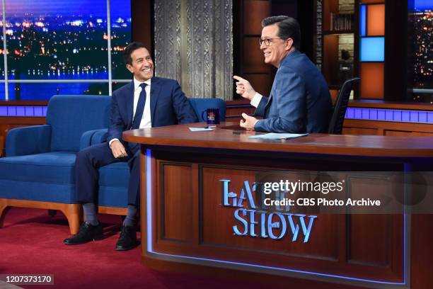 The Late Show with Stephen Colbert and guest Dr. Sanjay Gupta during Thursday's March 12, 2020 show.