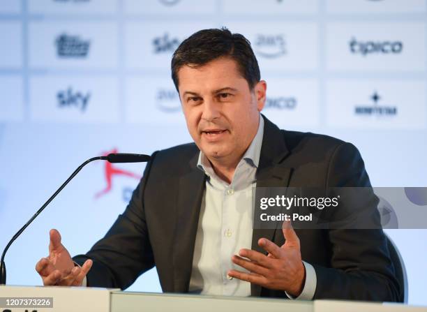 Christian Seifert, CEO of the German Football League , speaks during a press conference following the general assembly of the DFL on March 16, 2020...