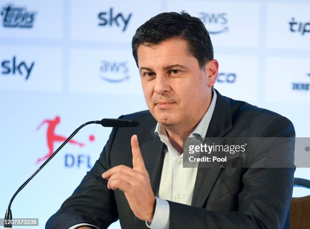 Christian Seifert, CEO of the German Football League , speaks during a press conference following the general assembly of the DFL on March 16, 2020...