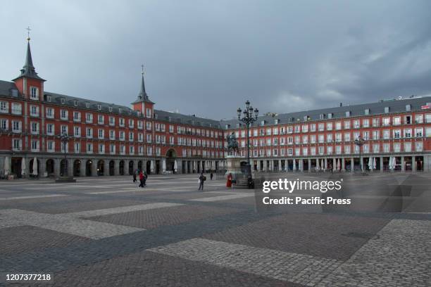 The Plaza Mayor in Madrid almost empty. The Government of Spain has declared a state of alarm throughout the State about the epidemic COVID-19.