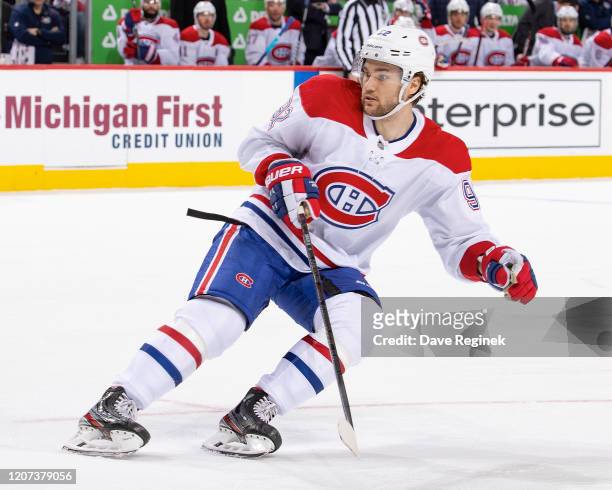 Jonathan Drouin of the Montreal Canadiens follows the play against the Detroit Red Wings during an NHL game at Little Caesars Arena on February 18,...