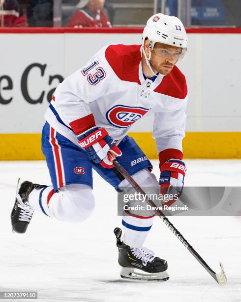 Max Domi of the Montreal Canadiens follows the play against the Detroit Red Wings during an NHL game at Little Caesars Arena on February 18, 2020 in...