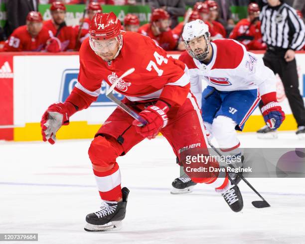 Madison Bowey of the Detroit Red Wings skates up ice against the Montreal Canadiens during an NHL game at Little Caesars Arena on February 18, 2020...