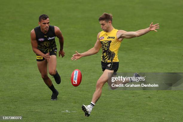 Jayden Short of the Tigers kicks during the Richmond Tigers AFL Intra Club match at Punt Road Oval on February 20, 2020 in Melbourne, Australia.