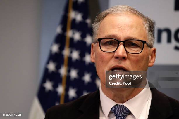 Washington state Governor Jay Inslee, joined by King County Executive Dow Constantine and Seattle Mayor Jenny Durkan hold a press conference to...