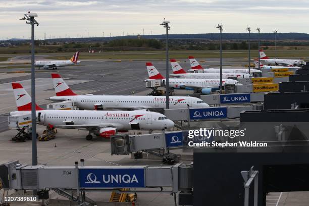 Austrian Airlines on the ground at Airport Vienna on March 16, 2020 in Vienna, Austria. Austria has placed major restrictions on movement in public...