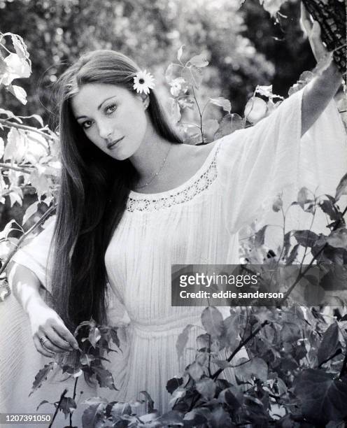 British-American actress Jane Seymour OBE in the garden of her Hollywood Hills, California home in March 1979. .