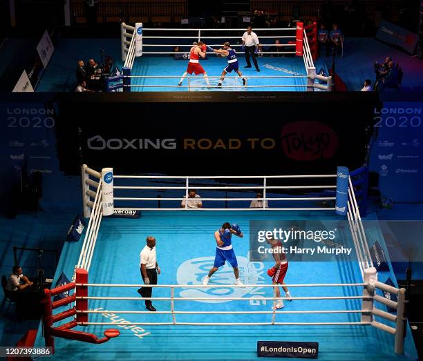 London , United Kingdom - 16 March 2020; A general view of the action from Ring A and Ring B on Day Three of the Road to Tokyo European Boxing...