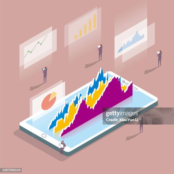 illustrations, cliparts, dessins animés et icônes de groupe de personnes observant des données de stock utilisant l’internet mobile, smartphone. l’arrière-plan est brun. - isometric projection