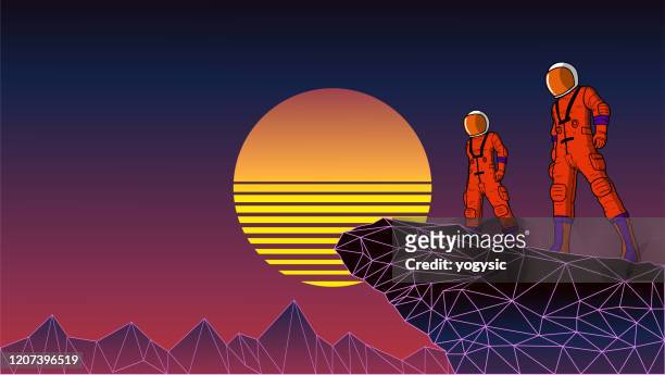 ilustrações, clipart, desenhos animados e ícones de ilustração de estoque de astroanut espacial vaporwave dos anos 80 - explorador