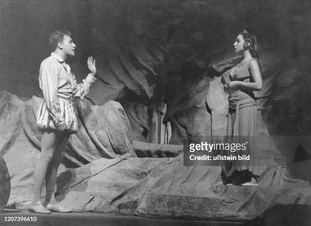 Stage scene from 'The Storm' by William Shakespeare at the Theater am Kurfuerstendamm in Berlin Director: Leonard Steckel Actor Reinhard Brand and...