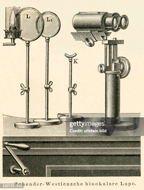 Europe, Germany, medicine, ophthalmology, eye exam, Zehender-Westiensche binocular loupe , engraving from : " Meyers Konv. Lexikon " , 6th edition,...