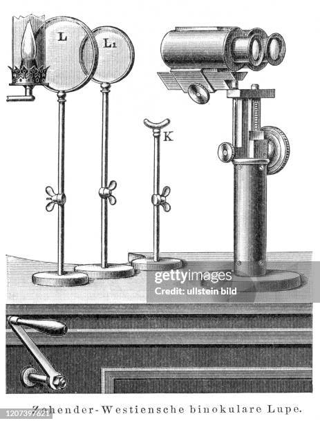 Europe, Germany, medicine, ophthalmology, eye exam, Zehender-Westiensche binocular loupe , engraving from : " Meyers Konv. Lexikon " , 6th edition,...