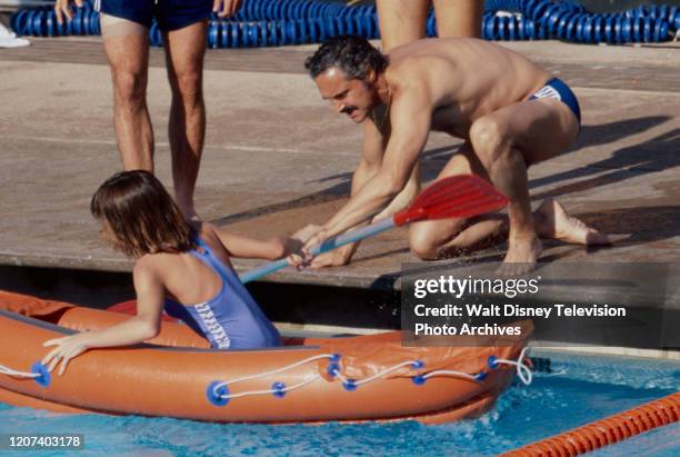 Kristy McNichol, Hal Linden competing in the boating competition on the ABC tv series 'Battle of the Network Stars II'.