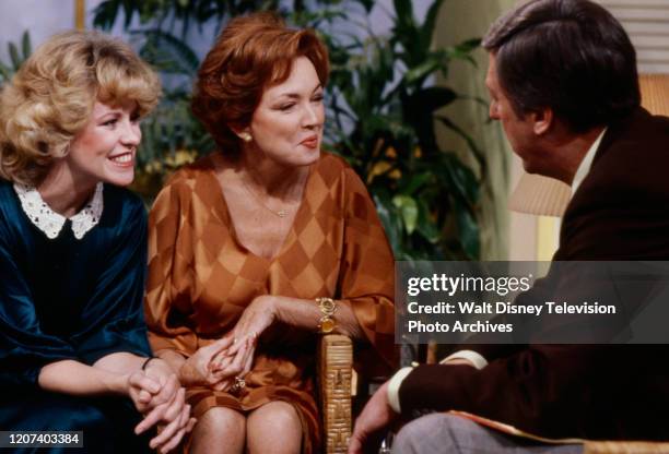 Lauren Tewes, Jeraldine Saunders, 'The Love Boat' creator, being interviewed by David Hartman on the ABC tv series 'Good Morning America'.