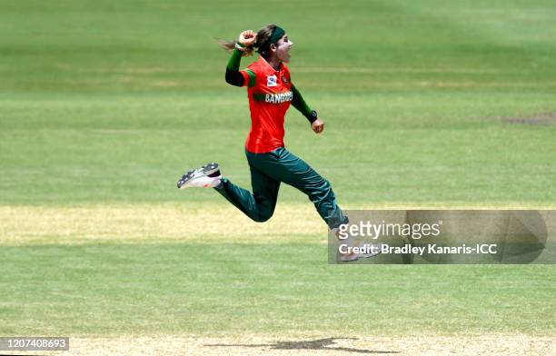 Jahanara Alam of Bangladesh celebrates victory and the last wicket of the match during the ICC Women's T20 Cricket World Cup match between Bangladesh...