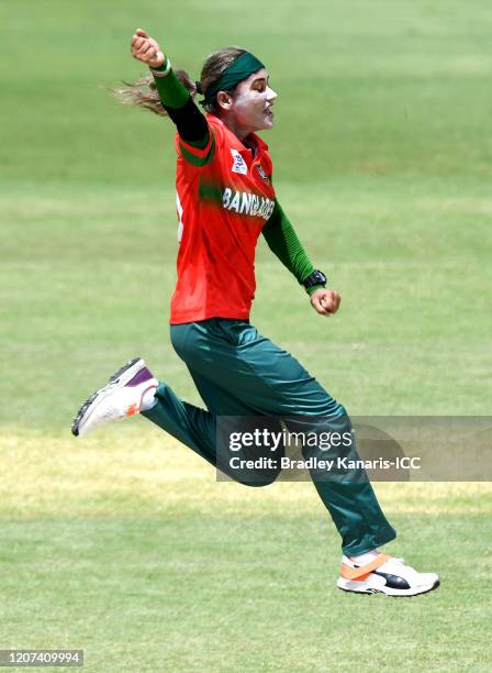 Jahanara Alam of Bangladesh celebrates victory and the last wicket of the match during the ICC Women's T20 Cricket World Cup match between Bangladesh...