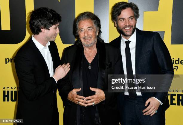 Logan Lerman, Al Pacino, and Josh Radnor attend the premiere of Amazon Prime Video's "Hunters" at DGA Theater on February 19, 2020 in Los Angeles,...