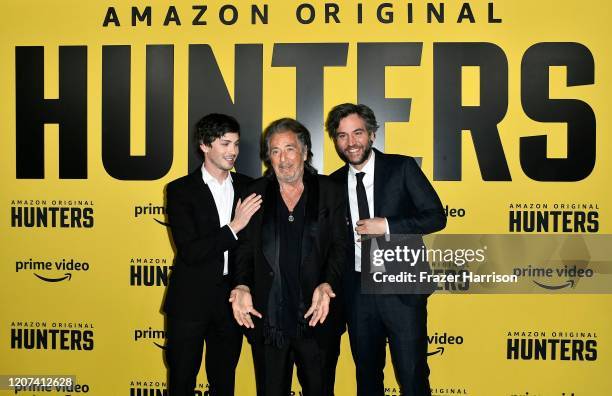 Logan Lerman, Al Pacino, and Josh Radnor attend the premiere of Amazon Prime Video's "Hunters" at DGA Theater on February 19, 2020 in Los Angeles,...